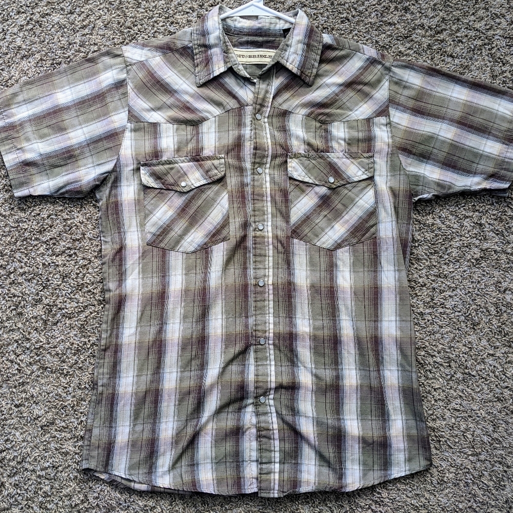 Men's Brit & Bridle Size Medium Plaid Brown Button Snap Shirt